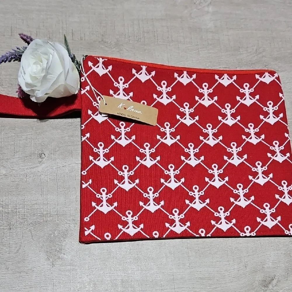 Wet BikiniâPouch Red Anchor Print With Metal Anchor Zipper Pull